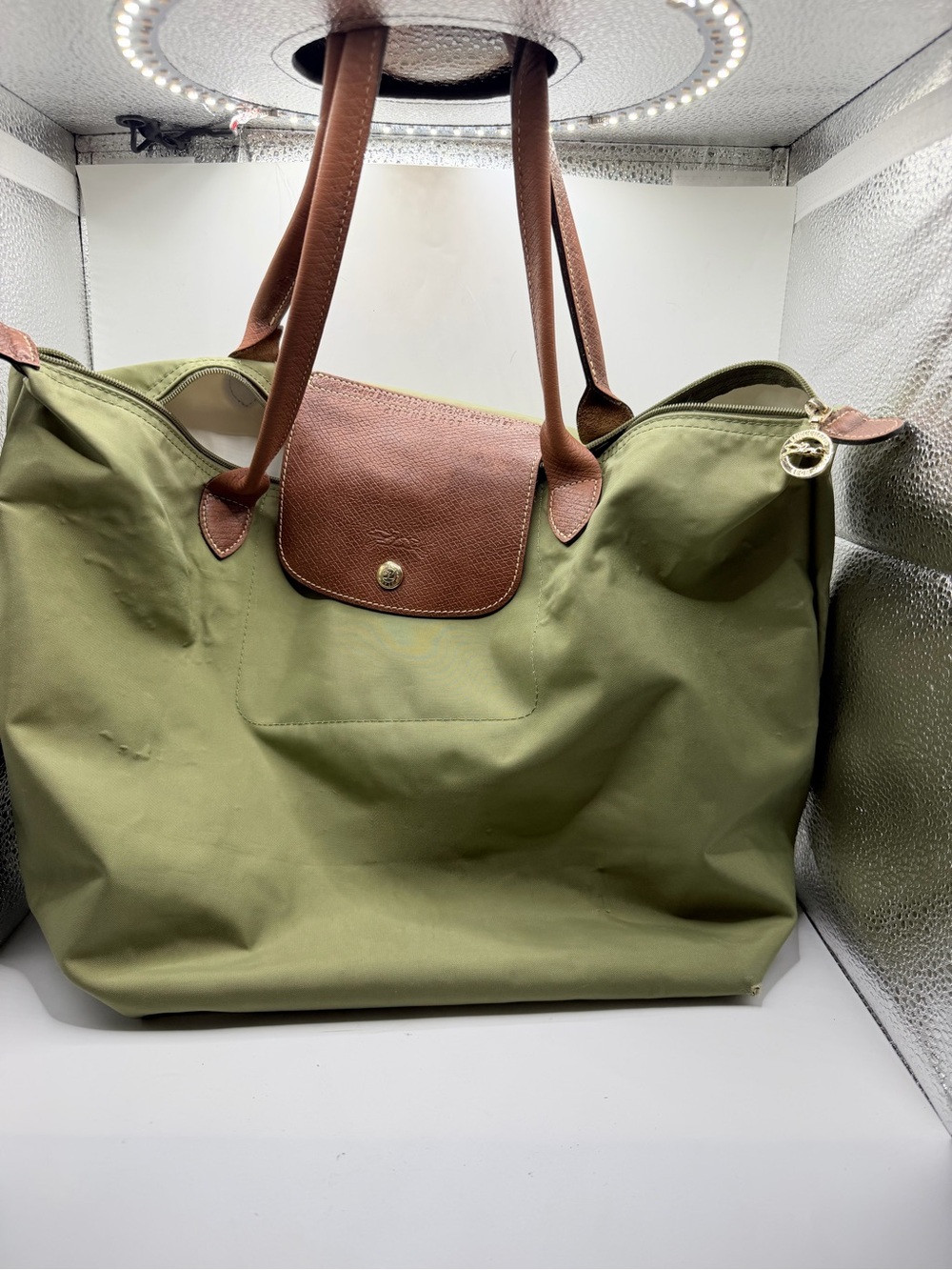 Longchamp Olive and Brown Le Pliage Nylon Tote